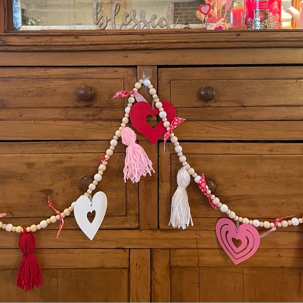 Handmade Heart, Tassel, and Ribbon Garland with Pink, Red, and White 6 ft long